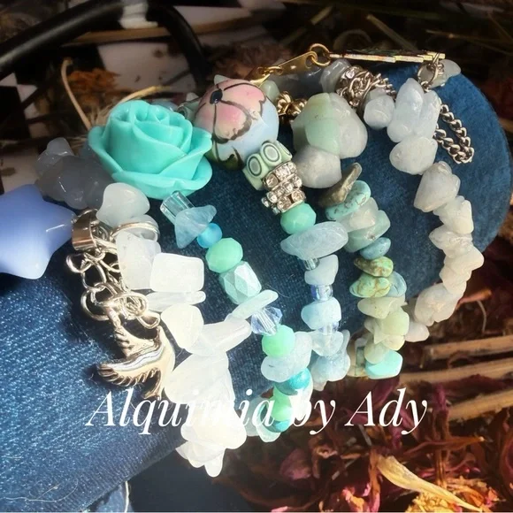 Aquamarine clear quartz beaded bracelet stack set luxury